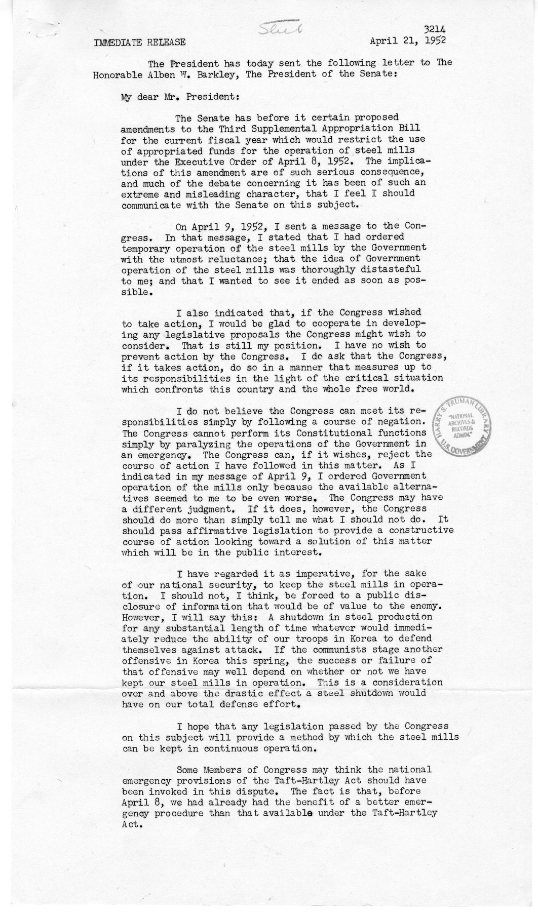 White House Press Releases Regarding the Steel Dispute