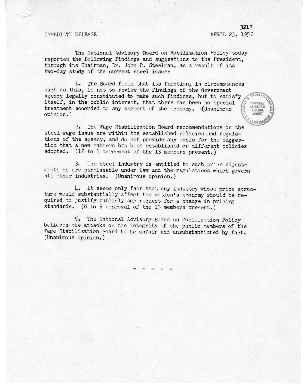 White House Press Releases Regarding the Steel Dispute