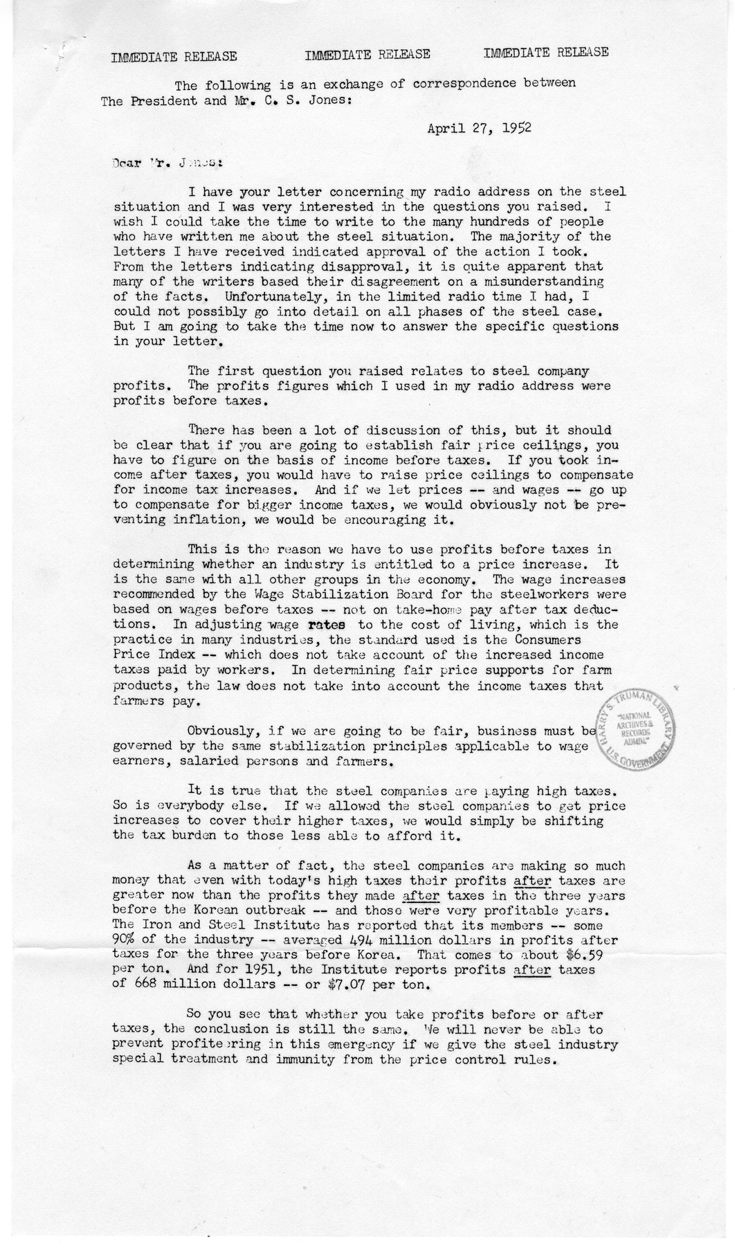 White House Press Releases Regarding the Steel Dispute