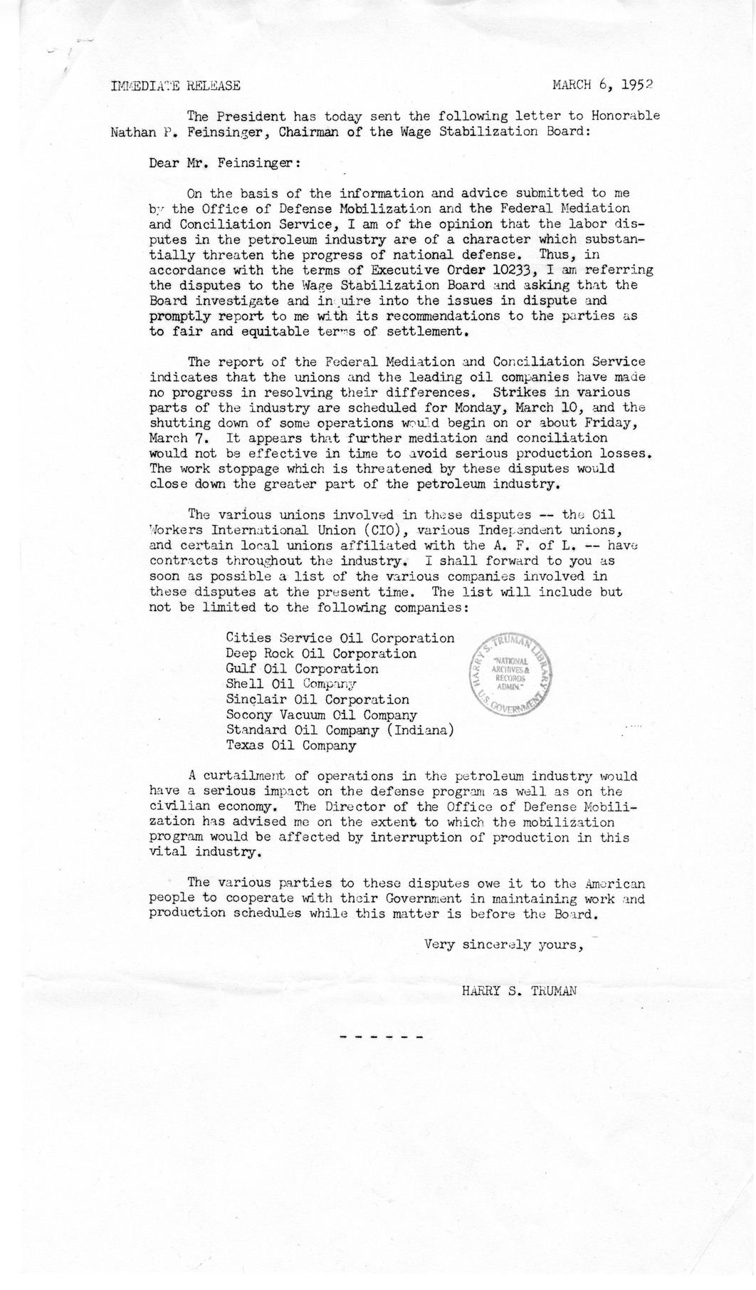 White House Press Releases Regarding the Steel Dispute