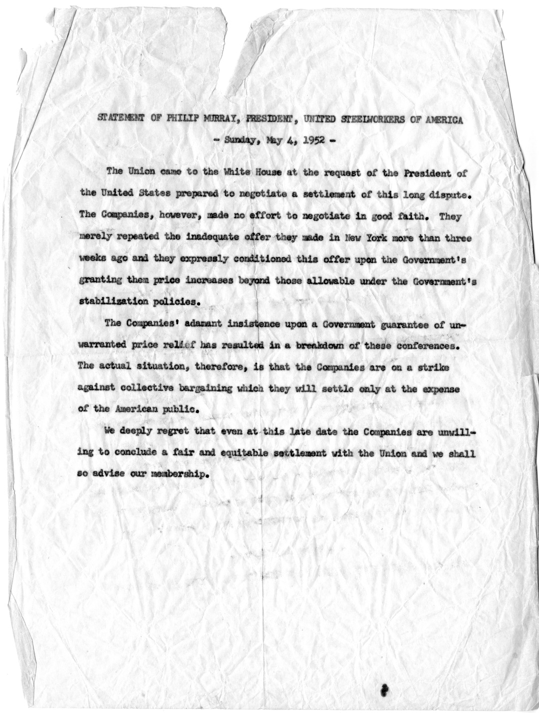 Statement of Philip Murray, United Steelworkers of America