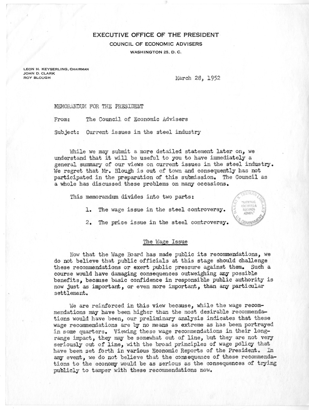 Memorandum from Leon H. Keyserling to President Harry S. Truman, with Attachments