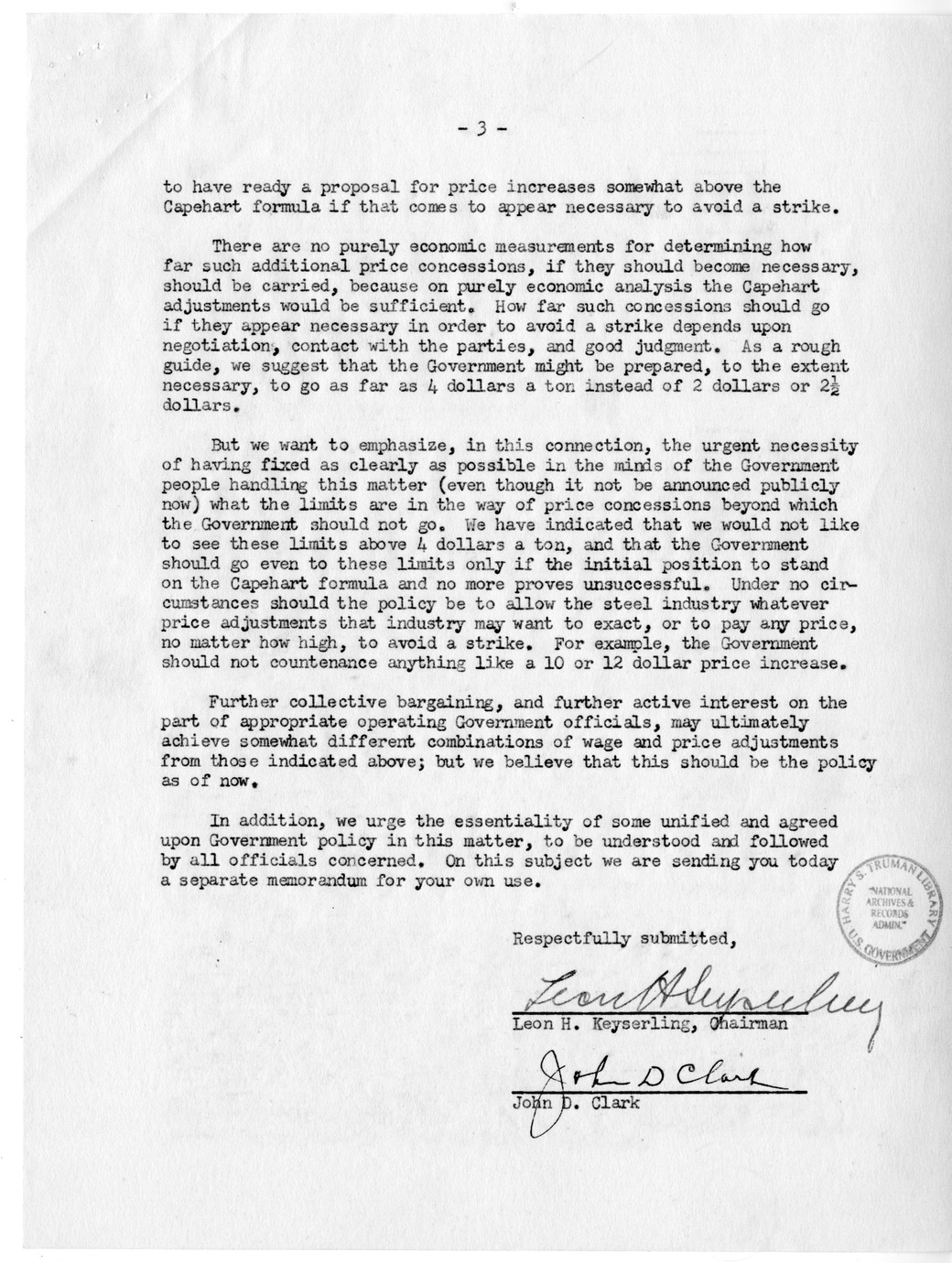 Memorandum from Leon H. Keyserling to President Harry S. Truman, with Attachments