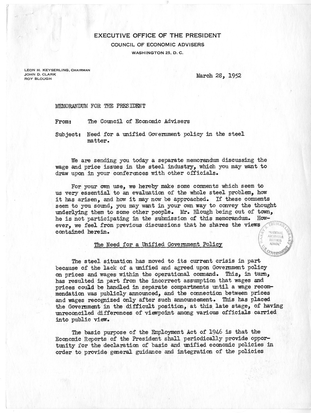 Memorandum from Leon H. Keyserling to President Harry S. Truman, with Attachments