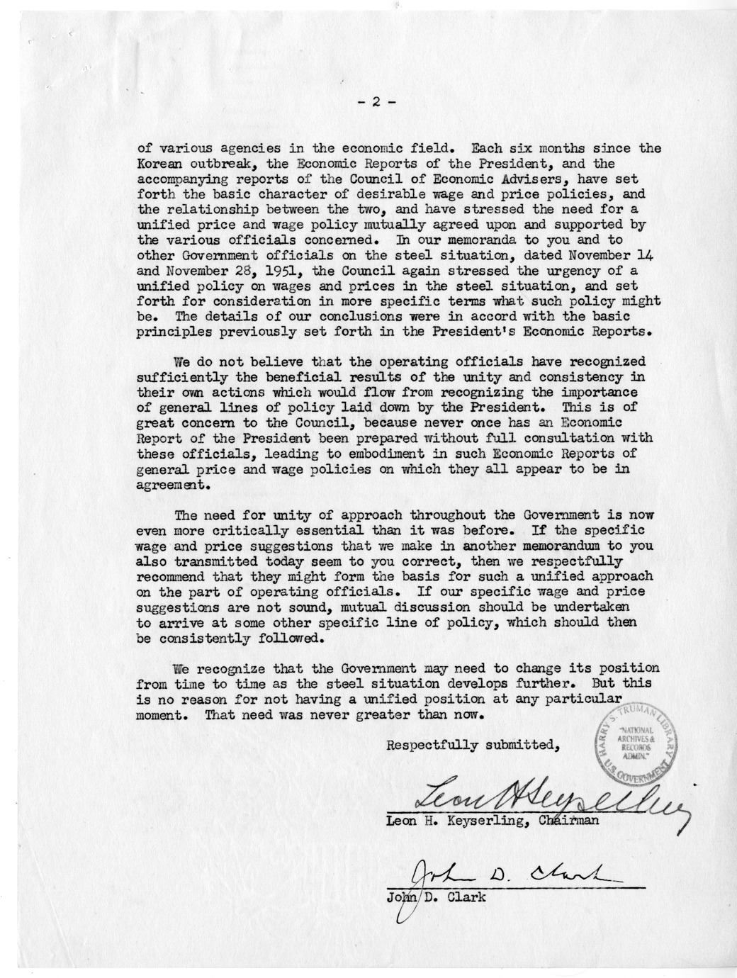 Memorandum from Leon H. Keyserling to President Harry S. Truman, with Attachments