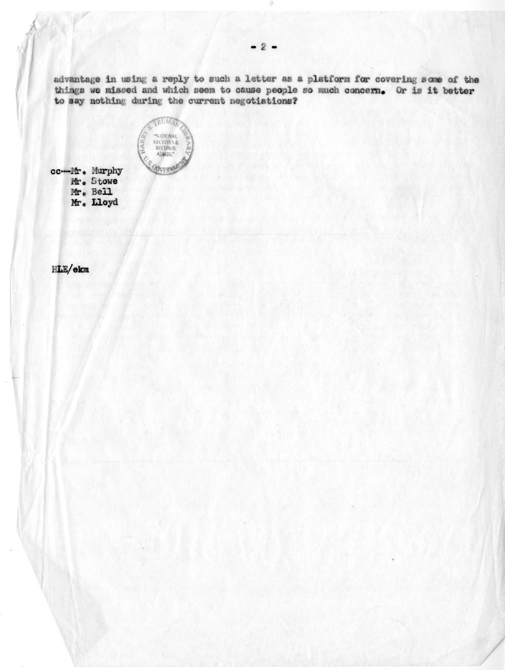 Partial Correspondence from Harold Enarson on Steel Negotiations