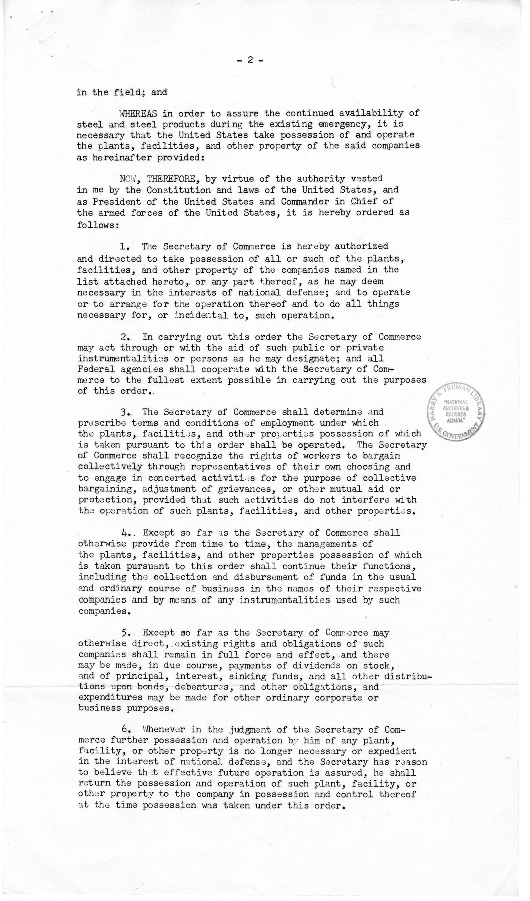 Press Release of Executive Order 10340, Directing the Secretary of Commerce to Take Possession of and Operate the Plants and Facilities of Certain Steel Companies, with Related Material