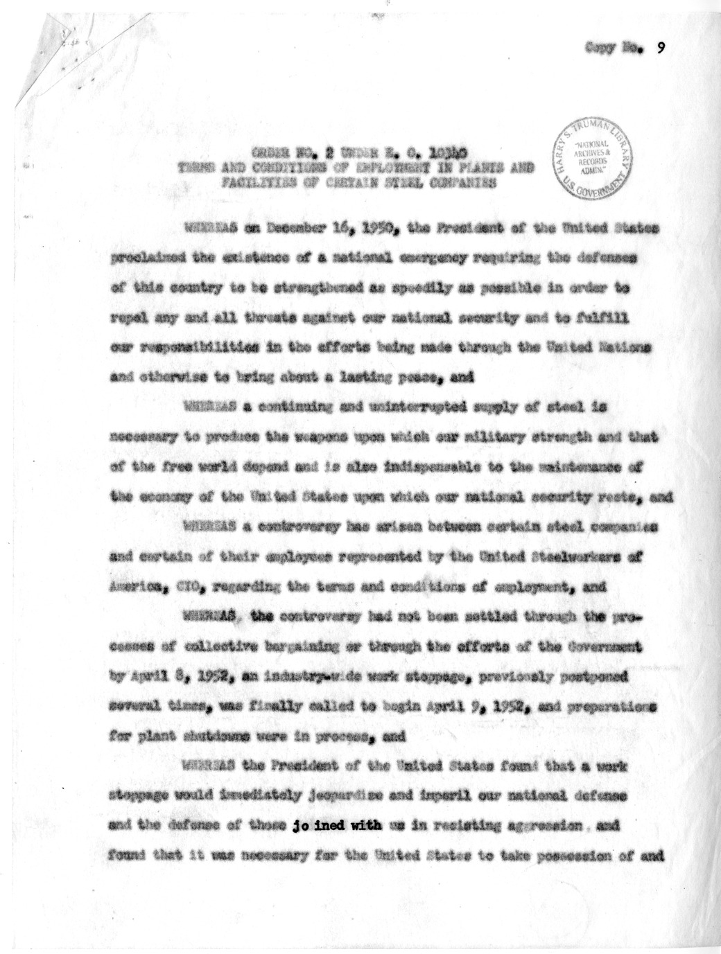 Press Release of Executive Order 10340, Directing the Secretary of Commerce to Take Possession of and Operate the Plants and Facilities of Certain Steel Companies, with Related Material