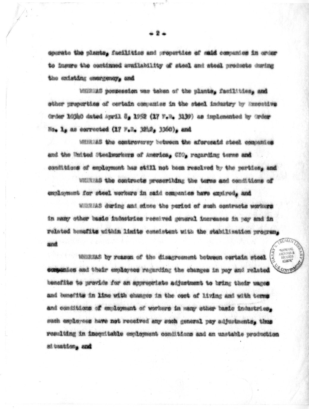 Press Release of Executive Order 10340, Directing the Secretary of Commerce to Take Possession of and Operate the Plants and Facilities of Certain Steel Companies, with Related Material