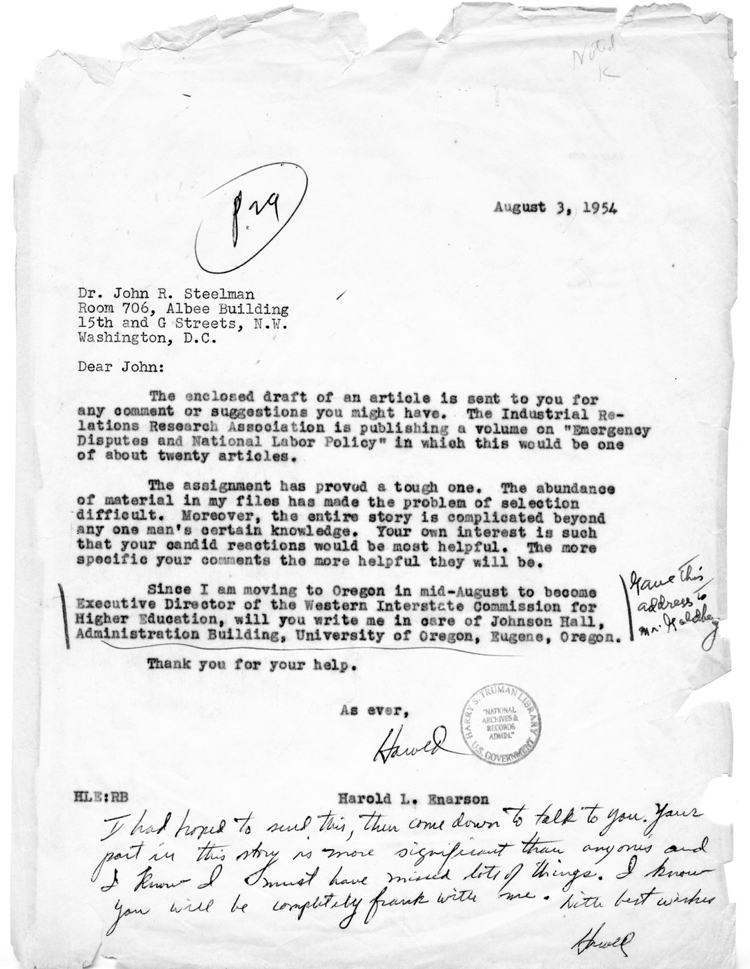 Letter from Harold L. Enarson to John R. Steelman