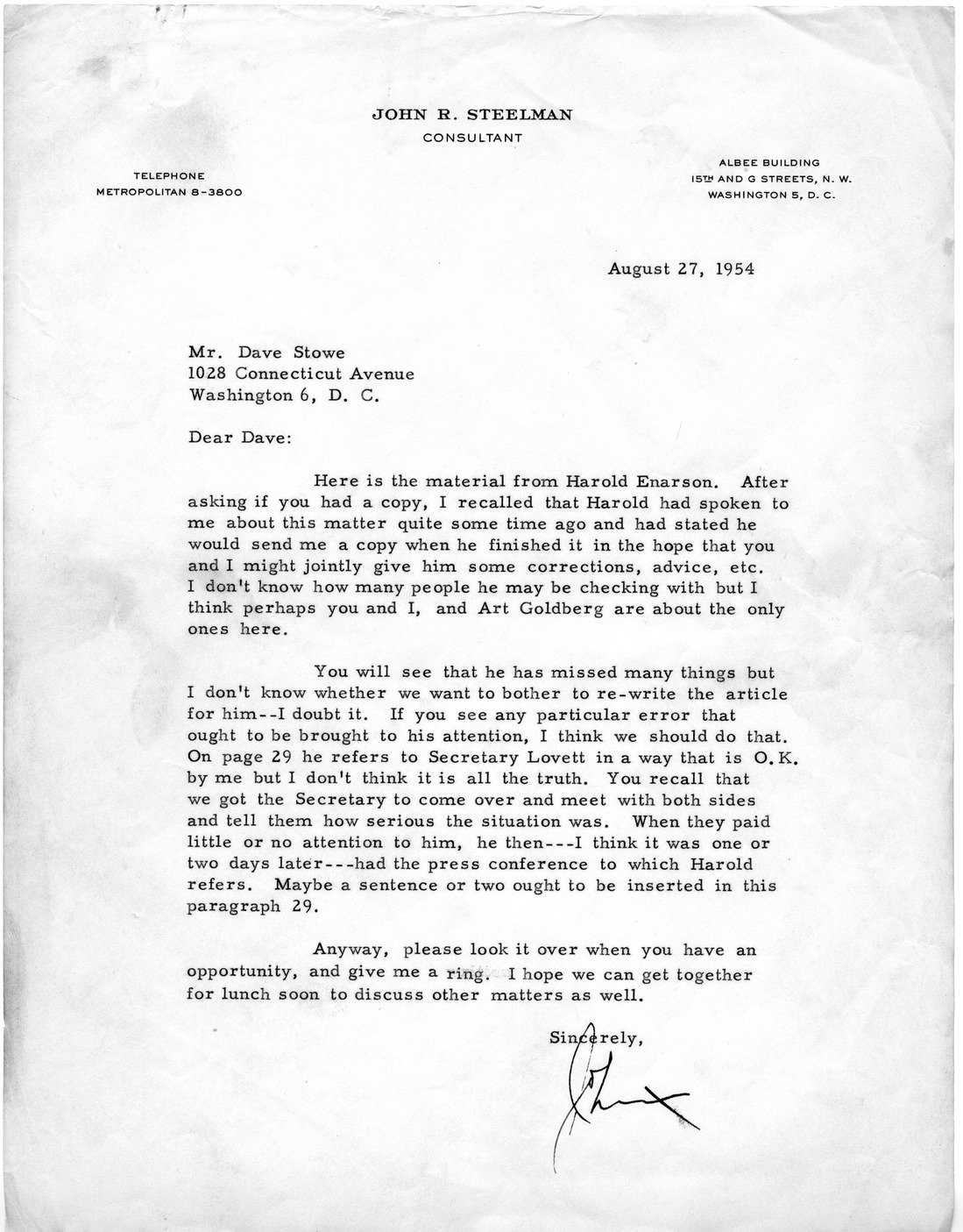 Letter from John R. Steelman to David Stowe