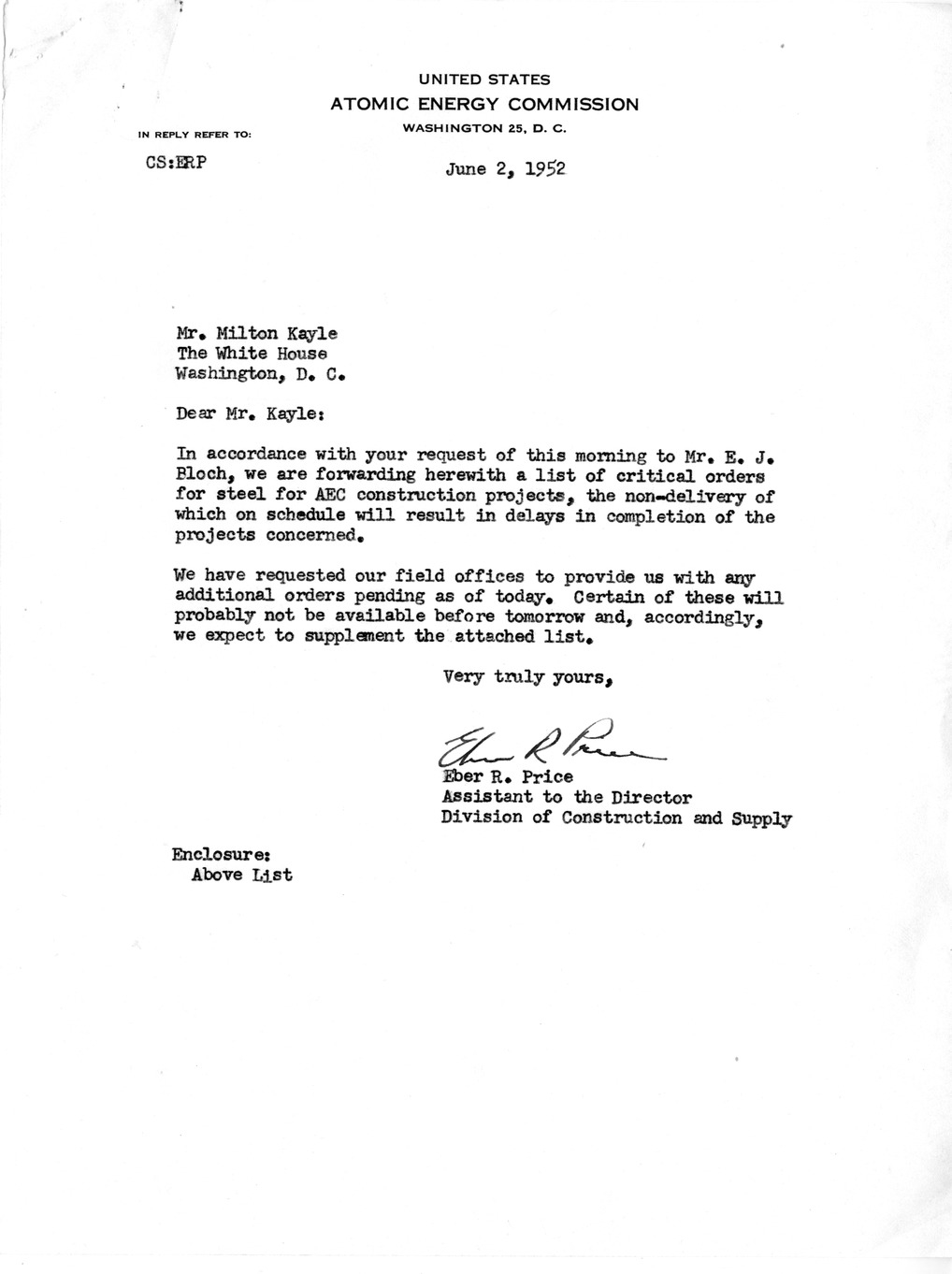 Letter from Eber R. Price to Milton P. Kayle, with Attachment