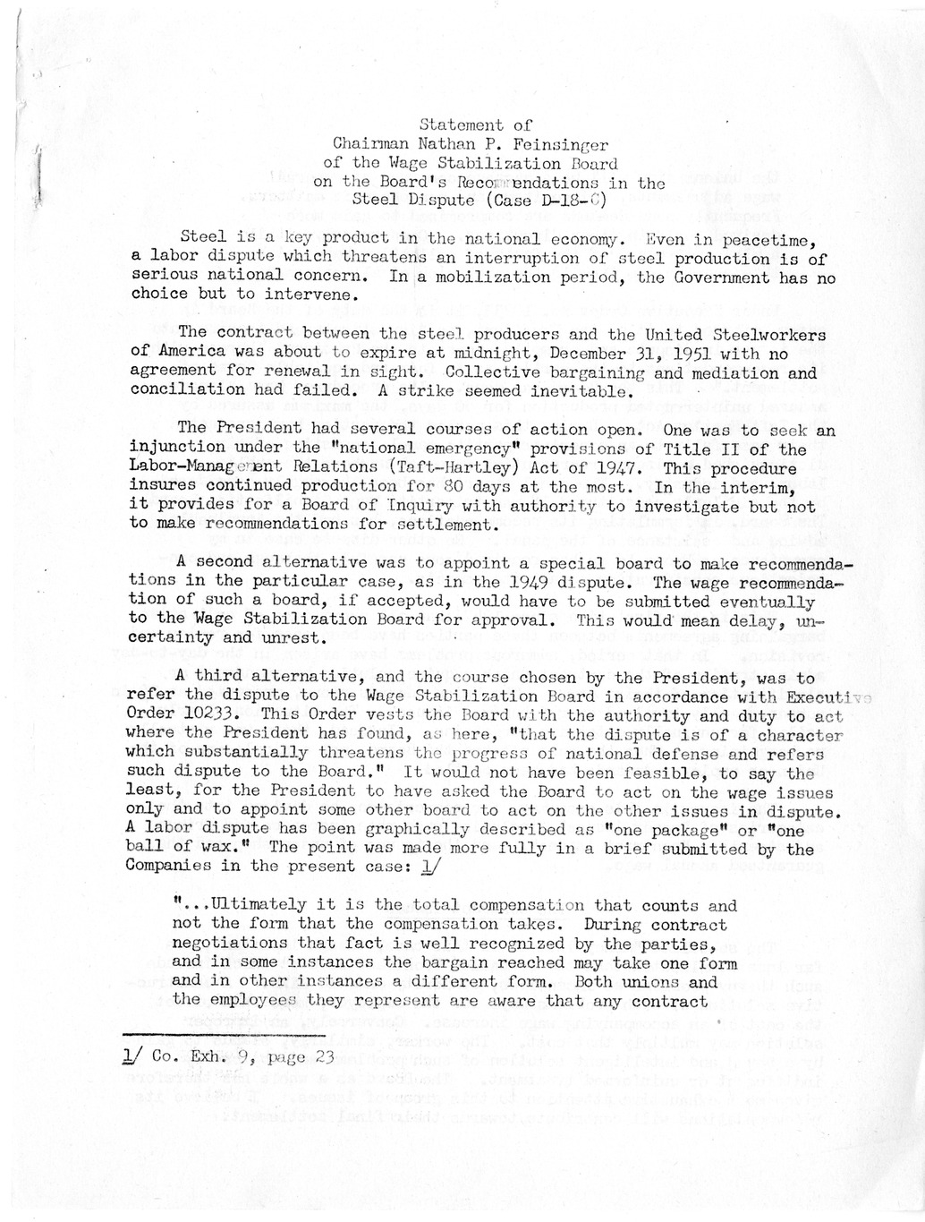 Statement of Chairman Nathan P. Feinsinger of the Wage Stabilization Board on the Board Recommendations in the Steel Dispute