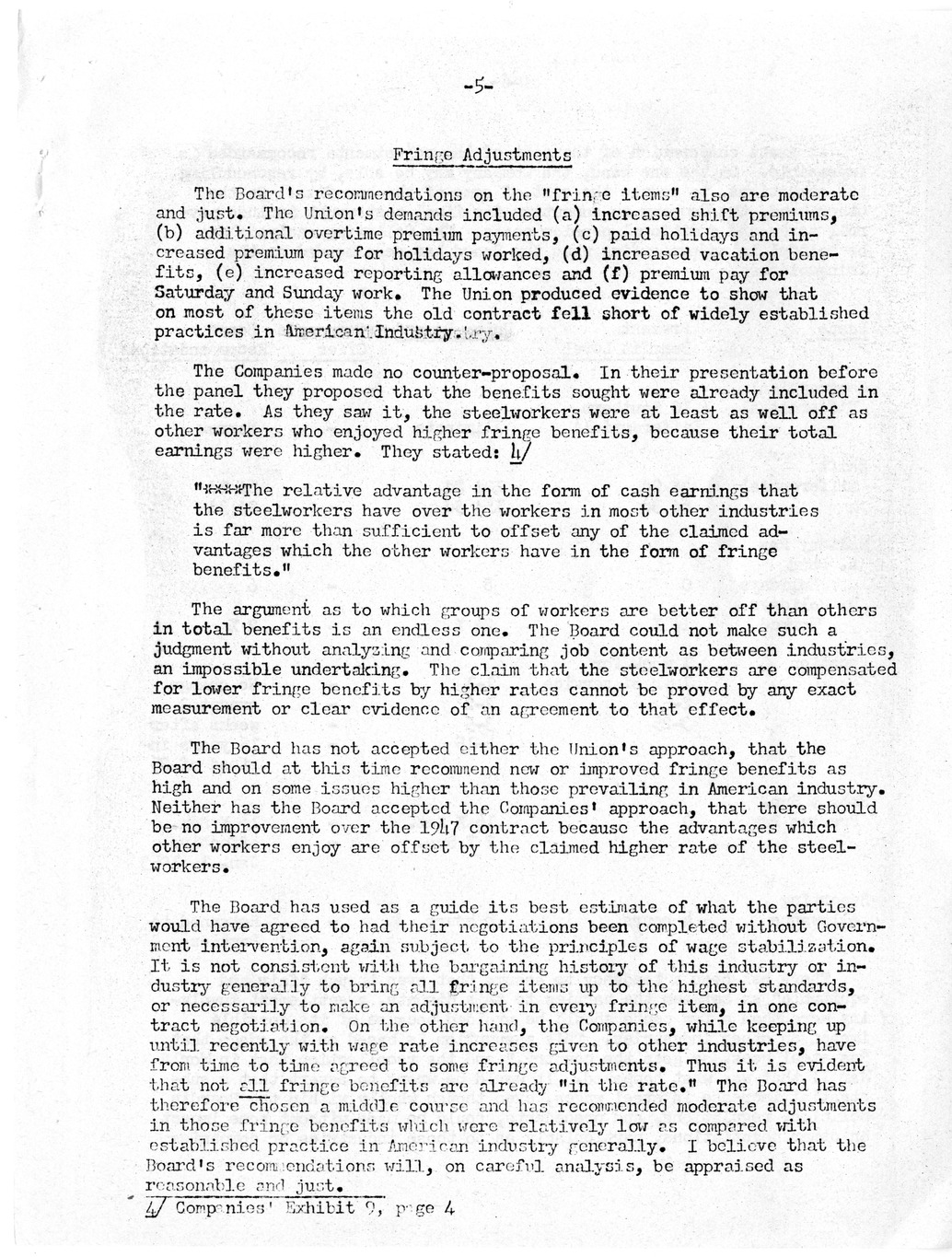 Statement of Chairman Nathan P. Feinsinger of the Wage Stabilization Board on the Board Recommendations in the Steel Dispute