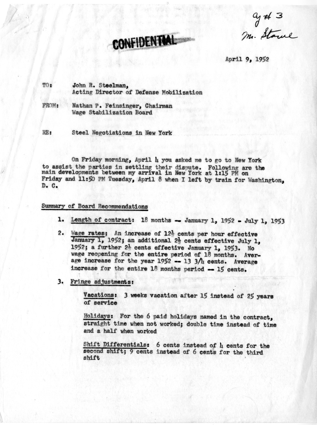 Memorandum from Nathan P. Feinsinger to John R. Steelman