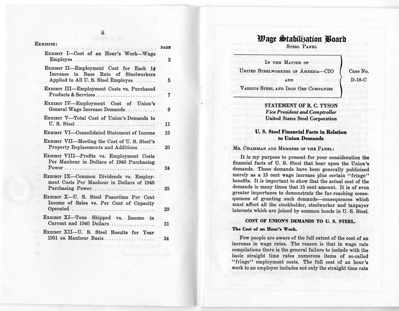 Wage Stabilization Board, Steel Panel, Case Number D-18-C, Statement of R. C. Tyson, Vice President and Comptroller, United States Steel Corporation