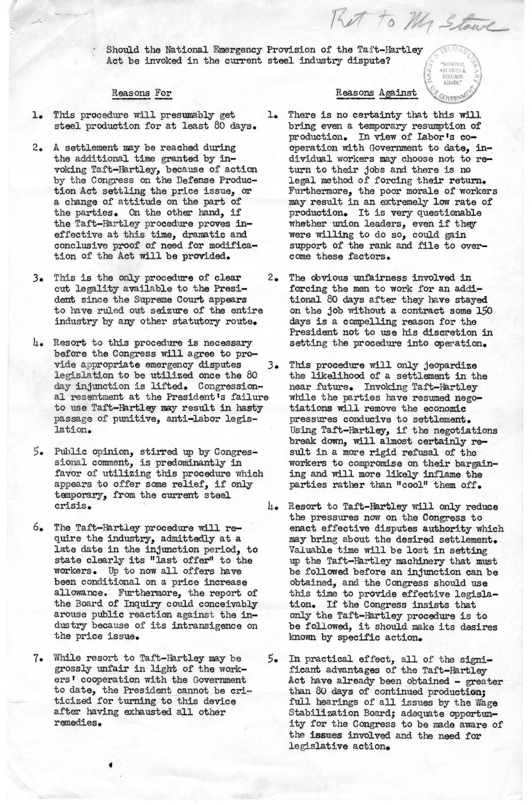 Memorandum, Should the National Emergency Provision of the Taft-Hartley Act Be Invoked in the Current Steel Industry Dispute?