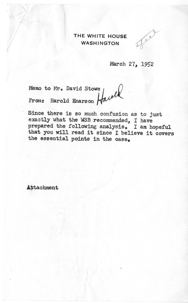 Memorandum from Harold L. Enarson to David Stowe, with Attachment