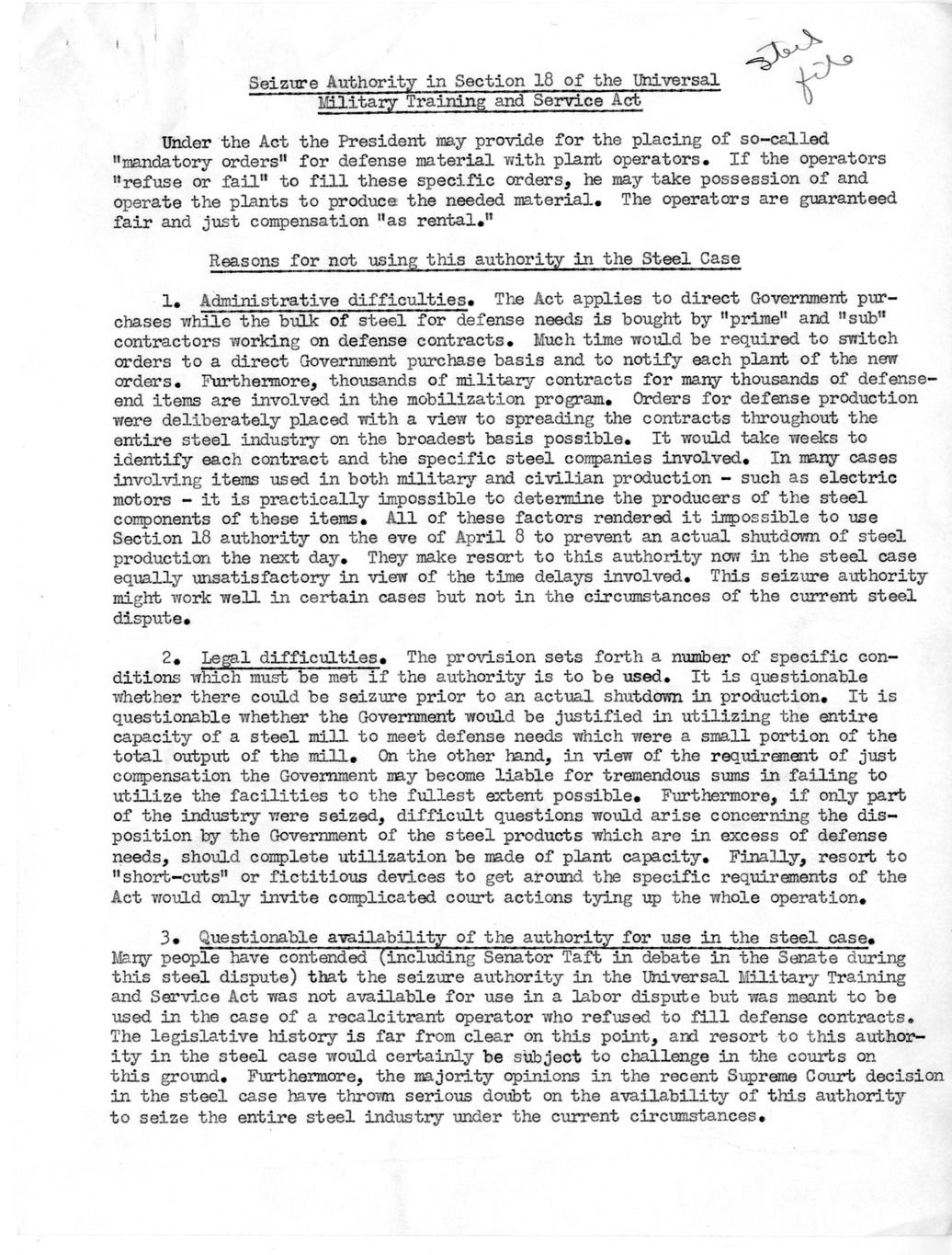Memorandum, Seizure Authority in Section 18 of the Universal Military Training and Service Act