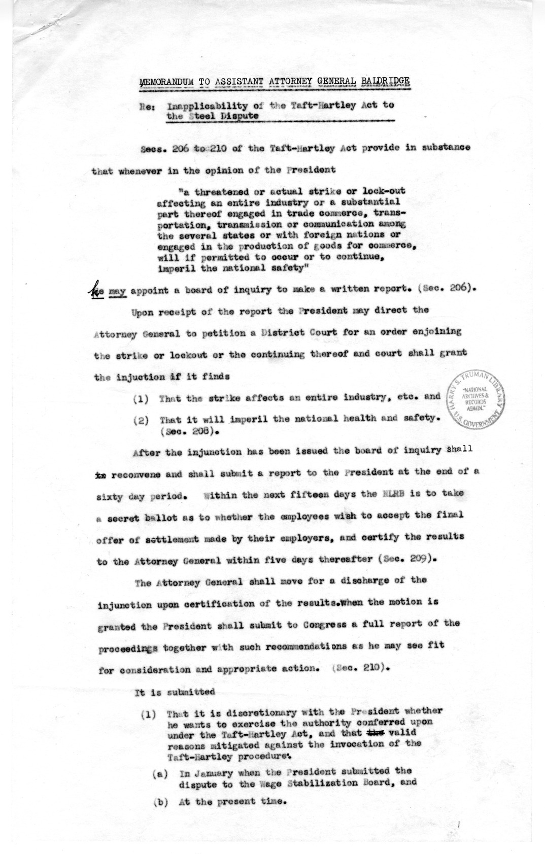 Memorandum to Assistant Attorney General Holmes Baldridge