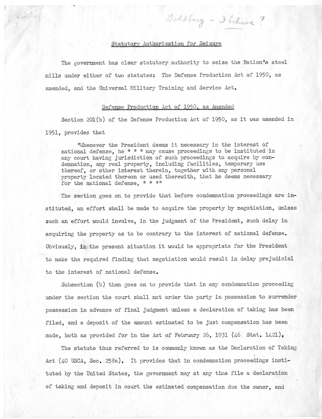 Memorandum Statutory Authorization for Seizure