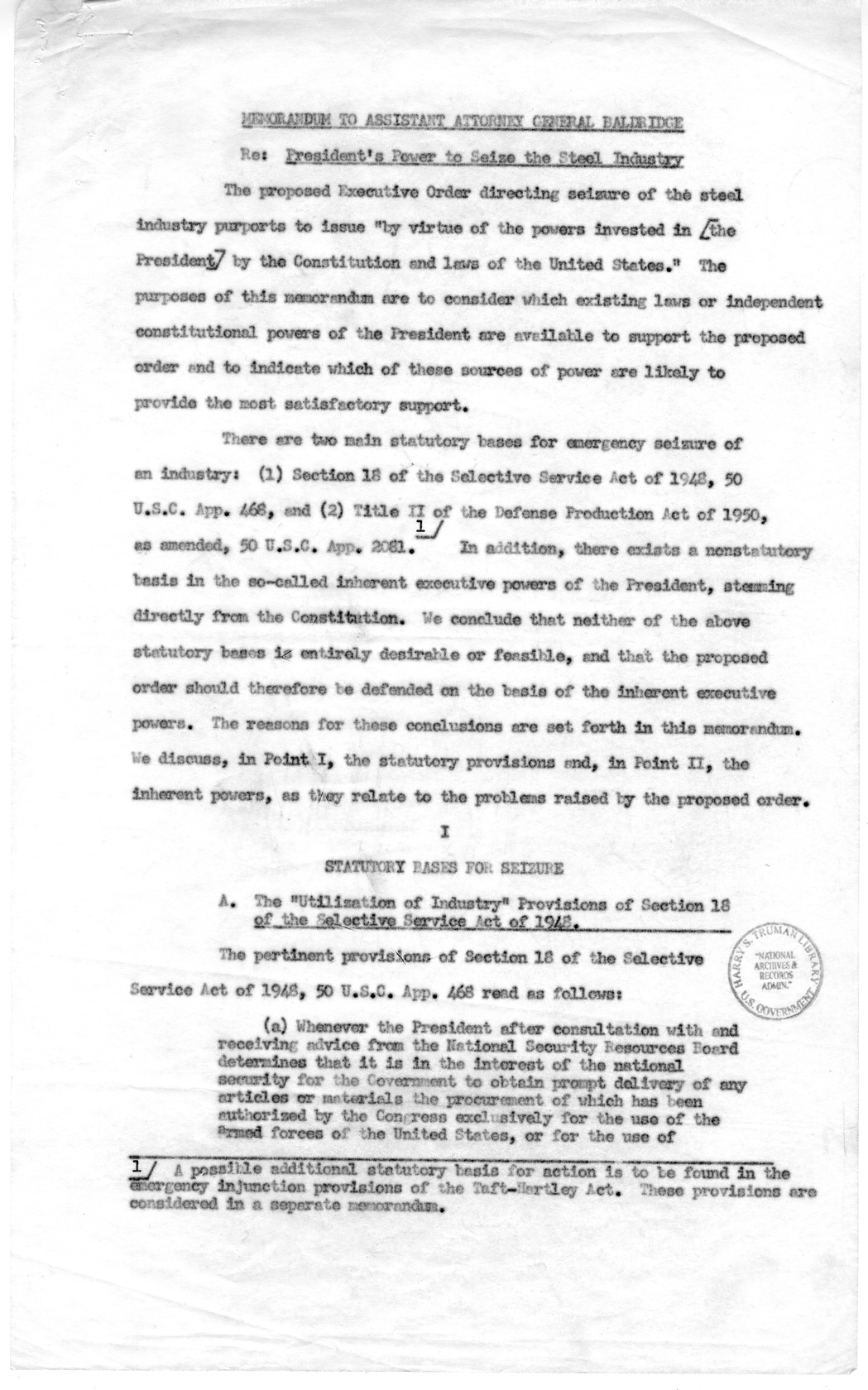 Memorandum to Assistant Attorney General Holmes Baldridge