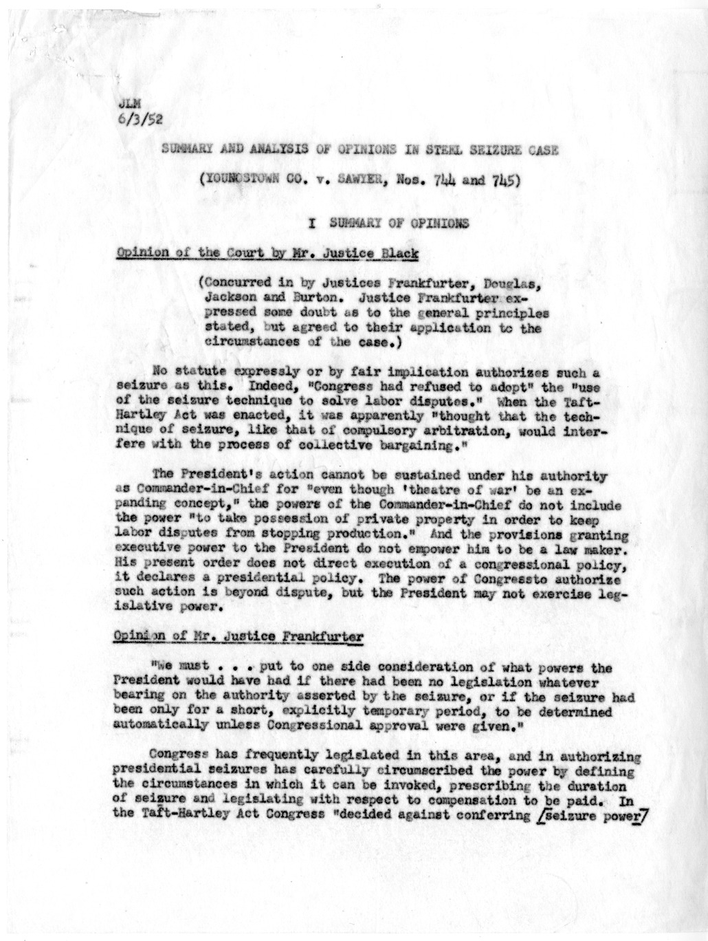 Memorandum, Summary and Analysis of Opinions in Steel Seizure Case (Youngstown Co. v. Sawyer)