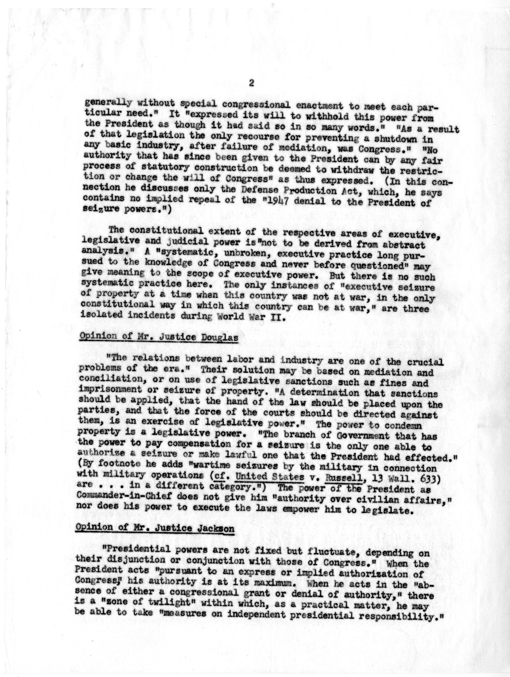 Memorandum, Summary and Analysis of Opinions in Steel Seizure Case (Youngstown Co. v. Sawyer)