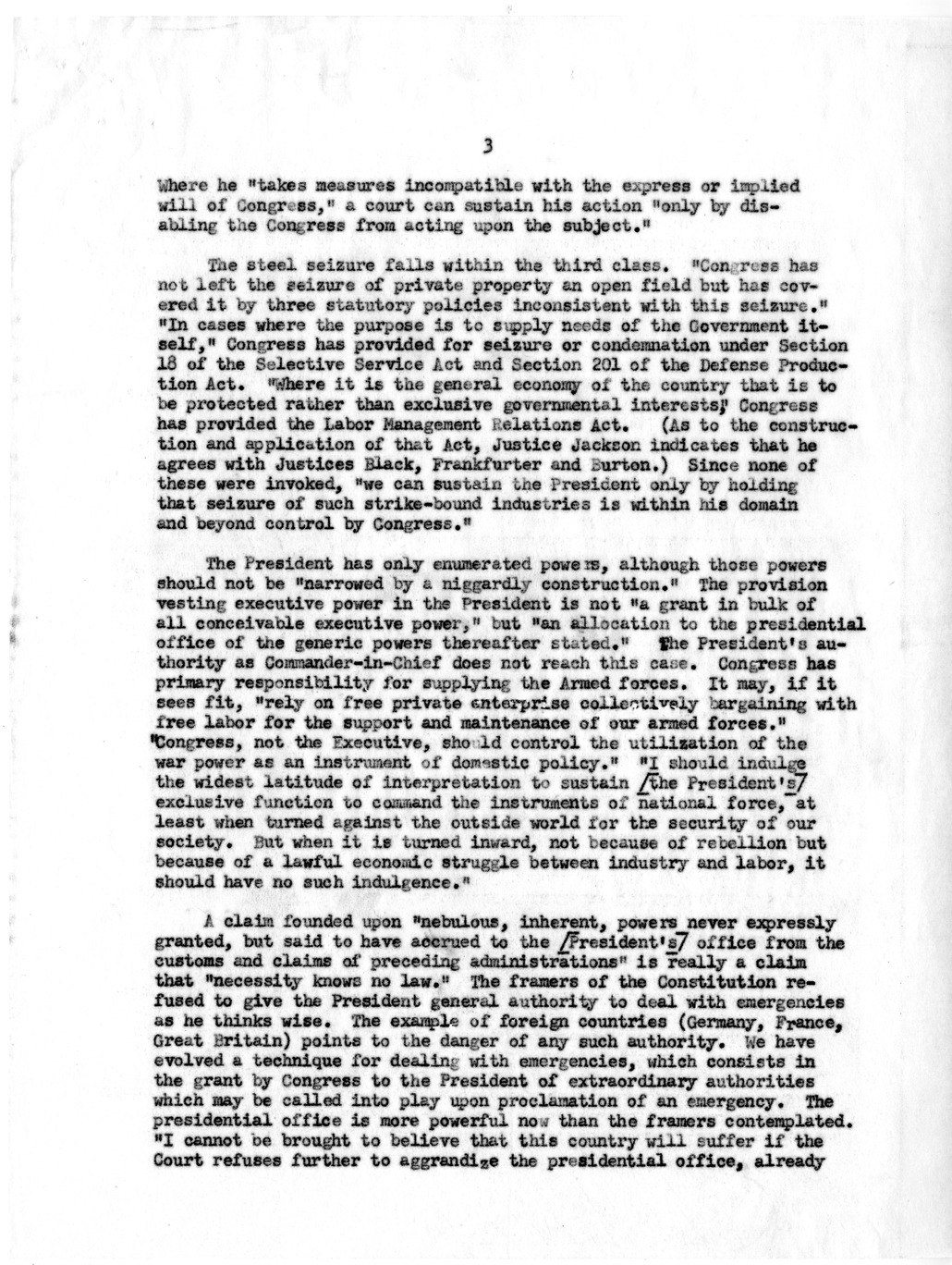 Memorandum, Summary and Analysis of Opinions in Steel Seizure Case (Youngstown Co. v. Sawyer)