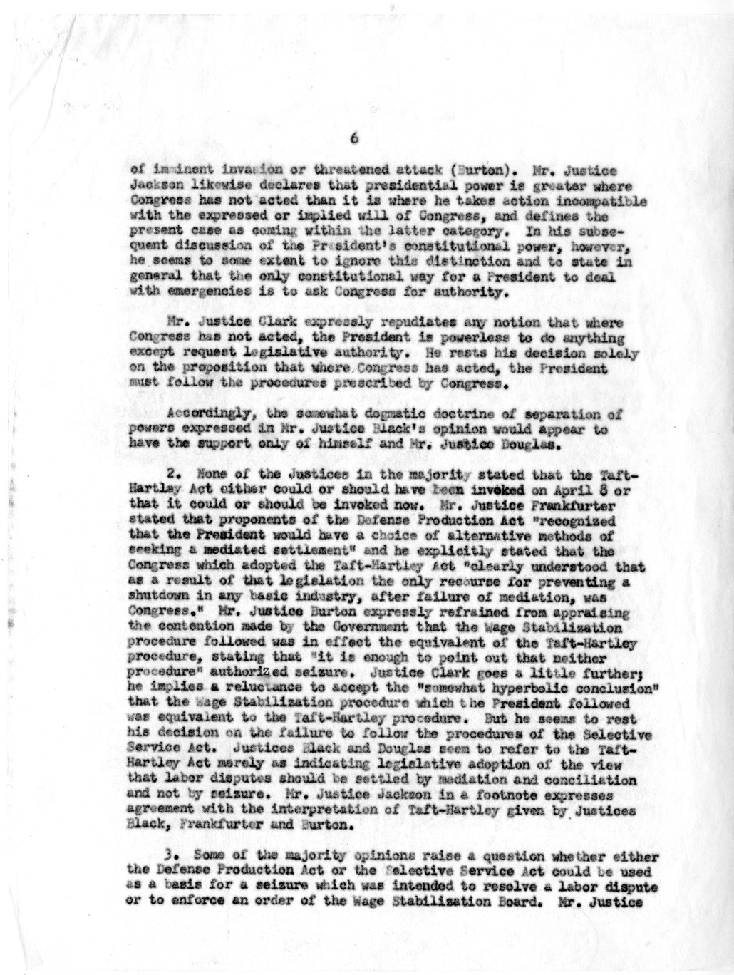 Memorandum, Summary and Analysis of Opinions in Steel Seizure Case (Youngstown Co. v. Sawyer)