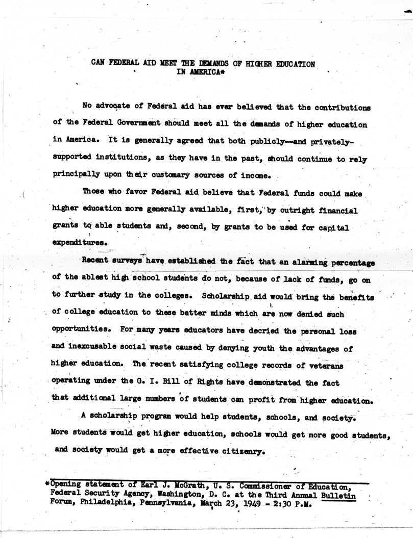 Statement By Commissioner Of Education Earl McGrath, Can Federal Aid Meet the Demands Of Higher Education In America