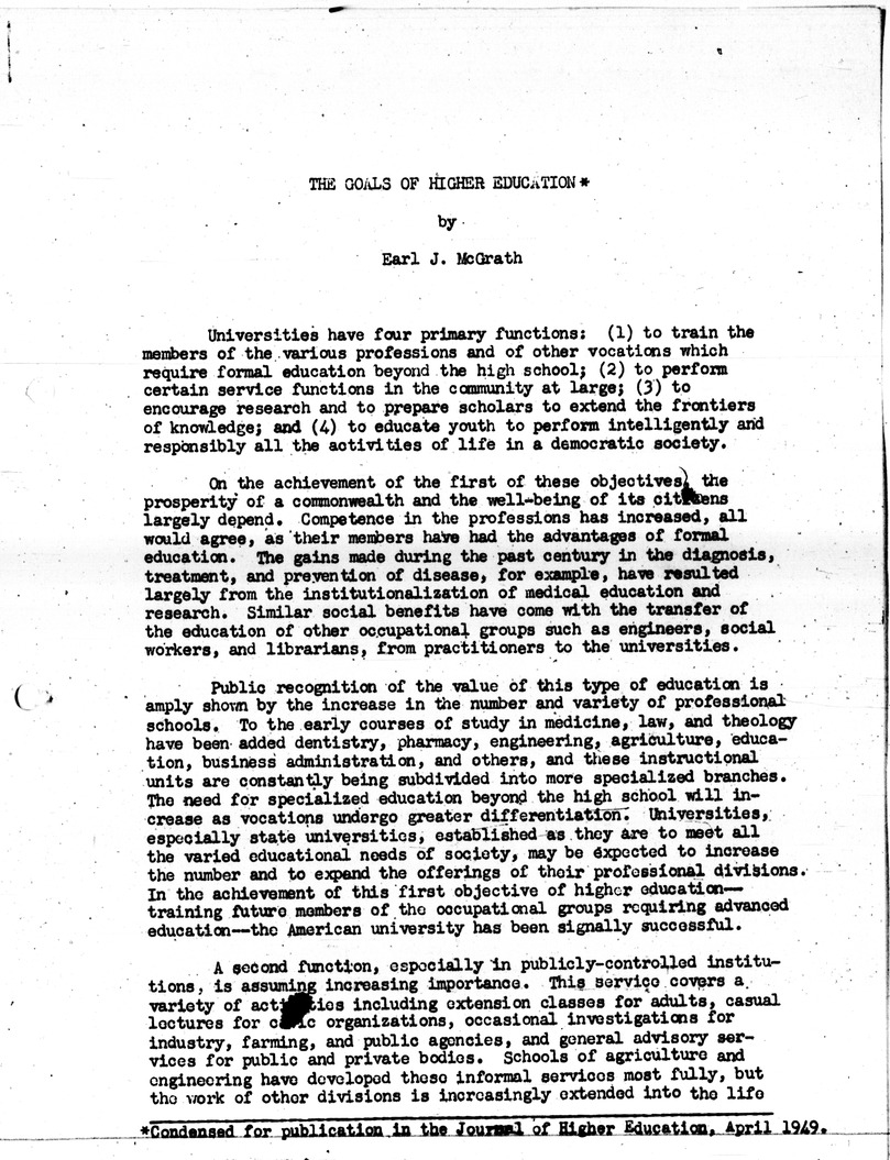 Statement By Commissioner Of Education Earl McGrath for Publication in the Journal of Higher Education, The Goals Of Higher Education