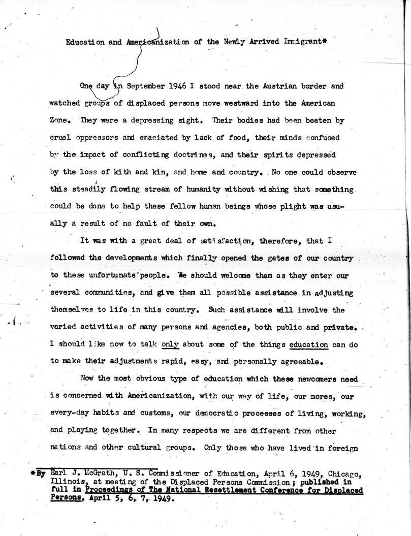 Statement By Commissioner Of Education Earl McGrath at a Meeting of the Displaced Persons Commission, Education and Americanization of the Newly Arrived Immigrant