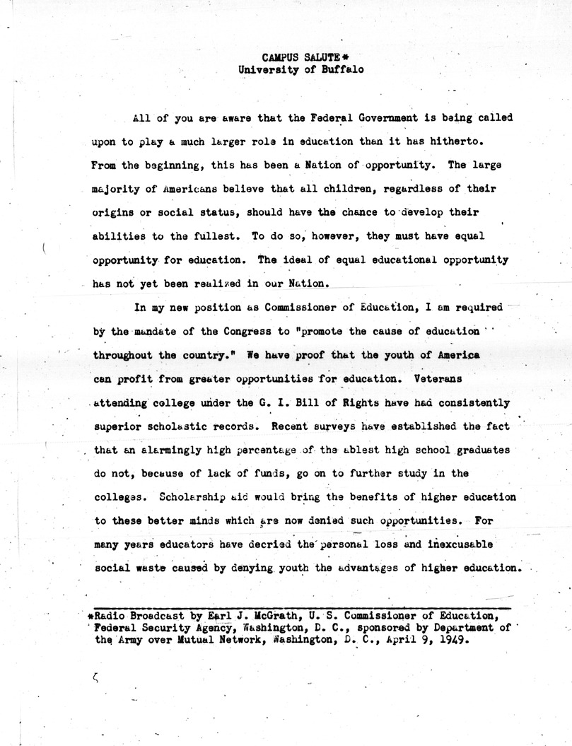Radio Broadcast By Commissioner Of Education Earl McGrath, Campus Salute, University of Buffalo