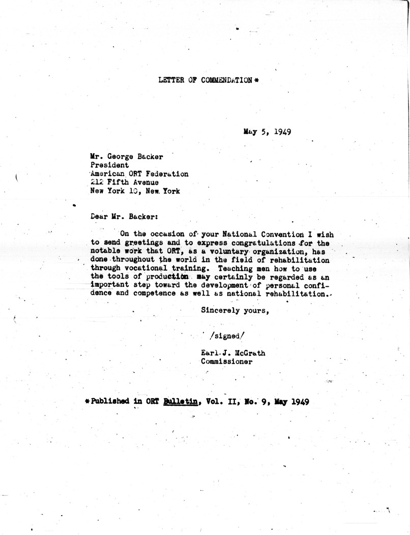 Letter Of Commendation from Commissioner Of Education Earl McGrath to American ORT Federation