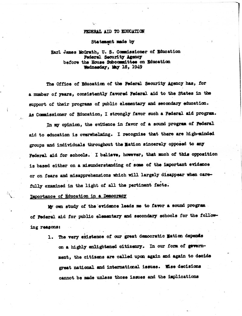 Statement By Commissioner Of Education Earl McGrath Before the House Subcommittee on Education, Federal Aid To Education