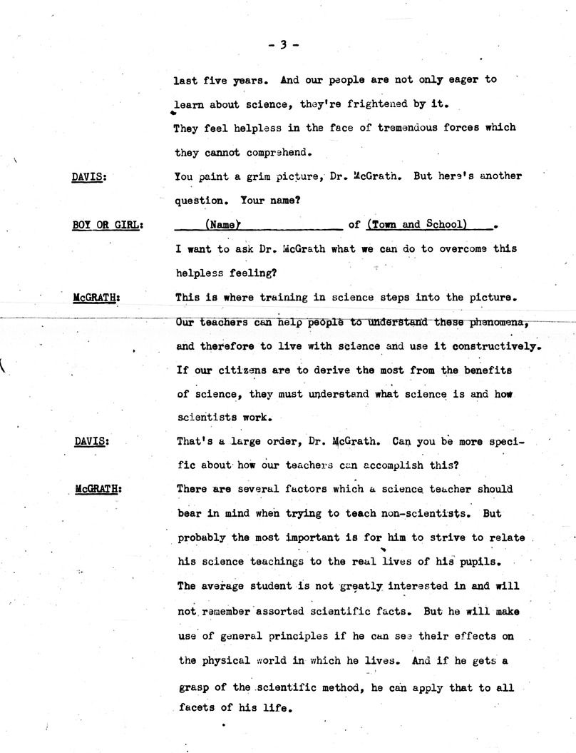 Draft of Radio Script, Adventures in Science Broadcast, with Commissioner of Education Earl McGrath