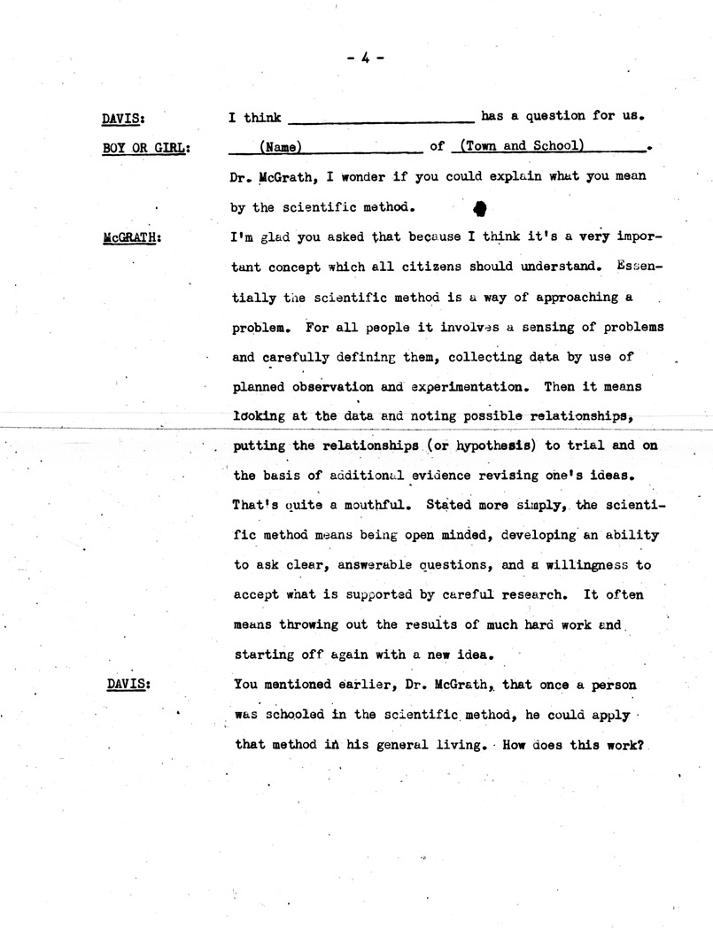 Draft of Radio Script, Adventures in Science Broadcast, with Commissioner of Education Earl McGrath