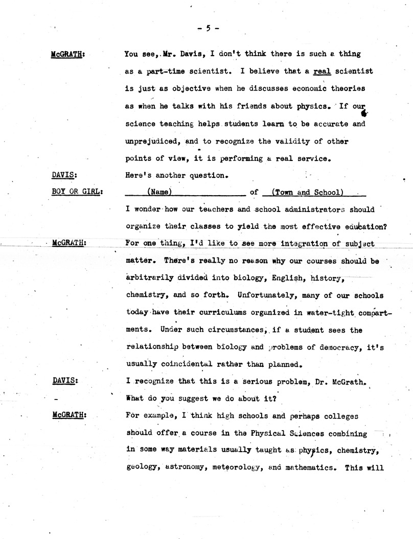 Draft of Radio Script, Adventures in Science Broadcast, with Commissioner of Education Earl McGrath