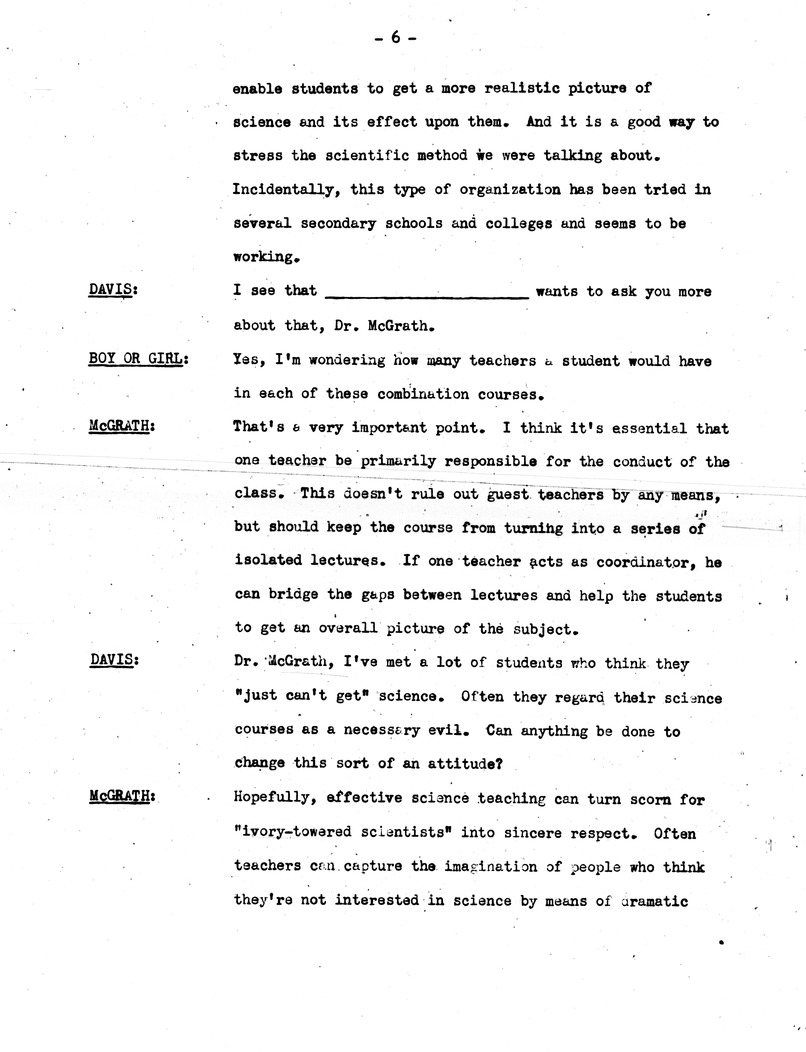 Draft of Radio Script, Adventures in Science Broadcast, with Commissioner of Education Earl McGrath