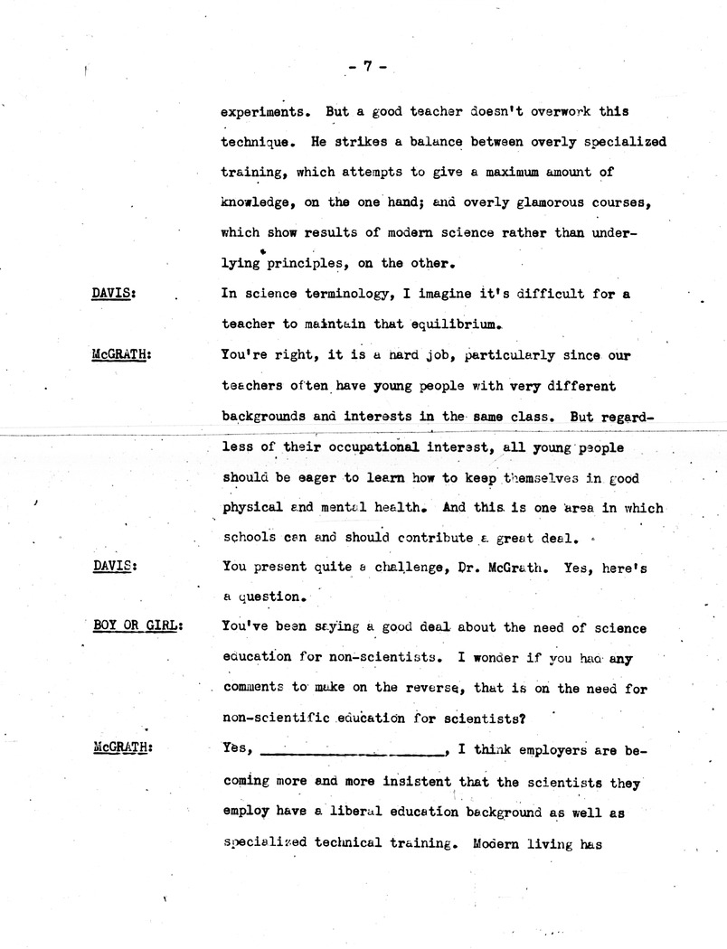 Draft of Radio Script, Adventures in Science Broadcast, with Commissioner of Education Earl McGrath