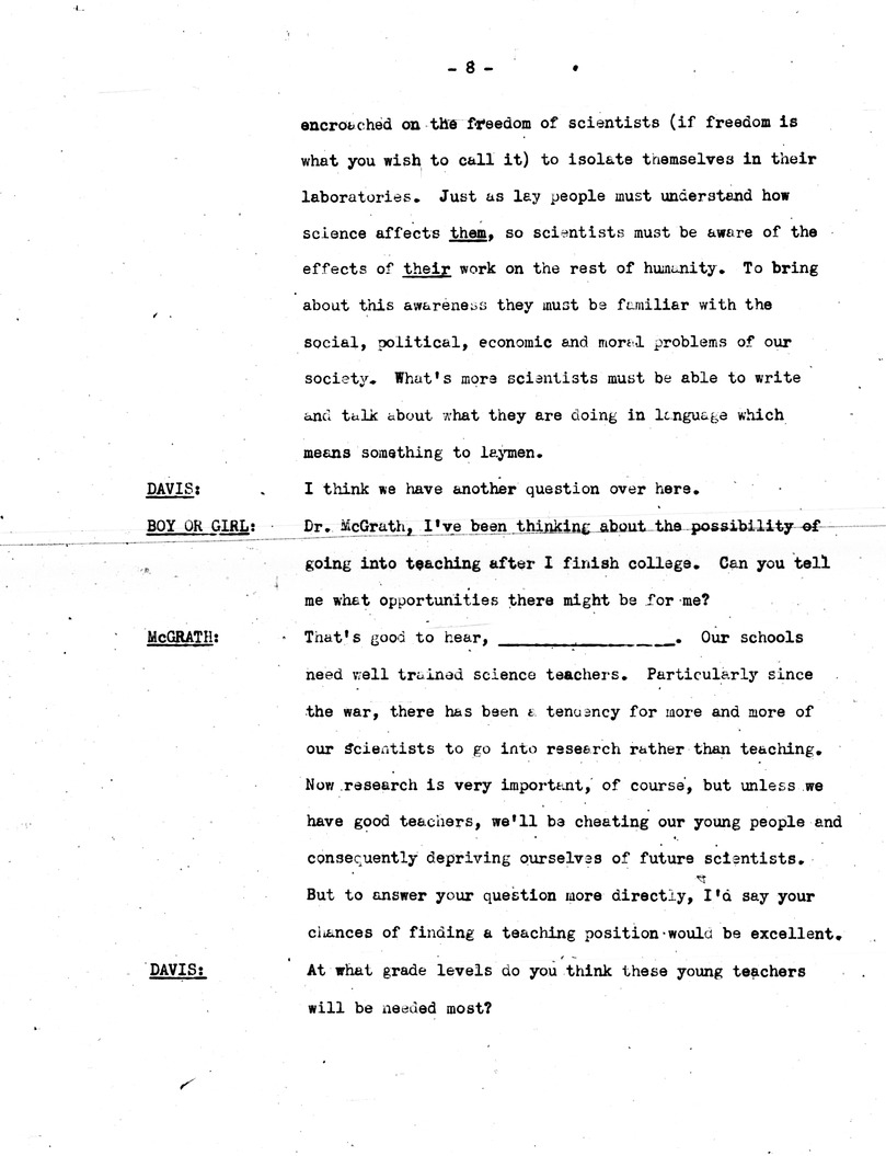 Draft of Radio Script, Adventures in Science Broadcast, with Commissioner of Education Earl McGrath