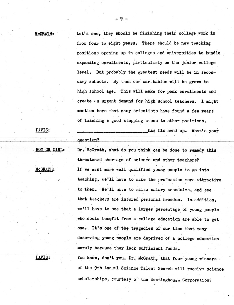 Draft of Radio Script, Adventures in Science Broadcast, with Commissioner of Education Earl McGrath