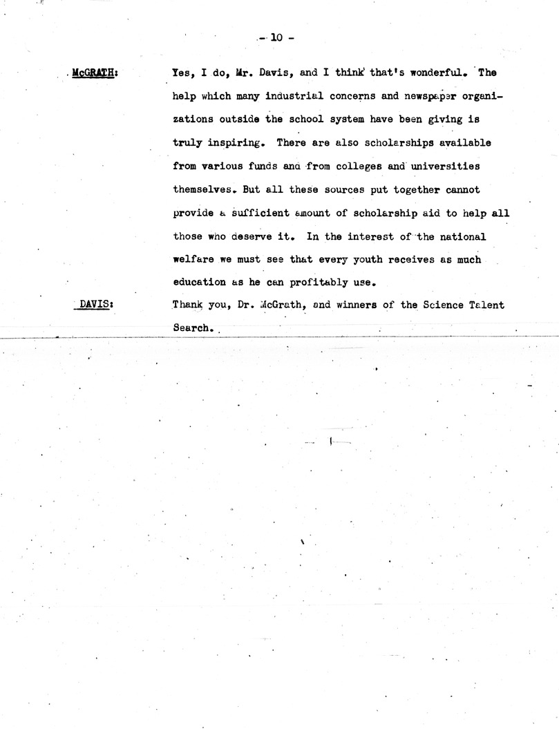 Draft of Radio Script, Adventures in Science Broadcast, with Commissioner of Education Earl McGrath