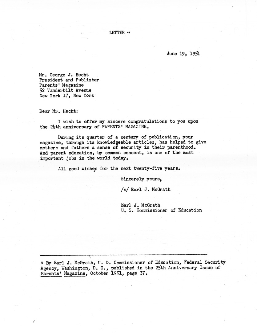 Letter By Commissioner Of Education Earl McGrath to George J. Hecht, President, Parents' Magazine