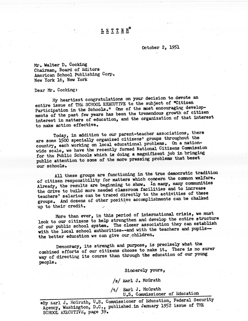 Letter from United States Commissioner of Education Earl James McGrath to Walter D. Cocking