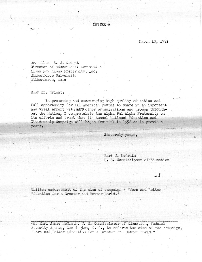 Letter from United States Commissioner of Education Earl James McGrath to Dr. Milton S. J. Wright