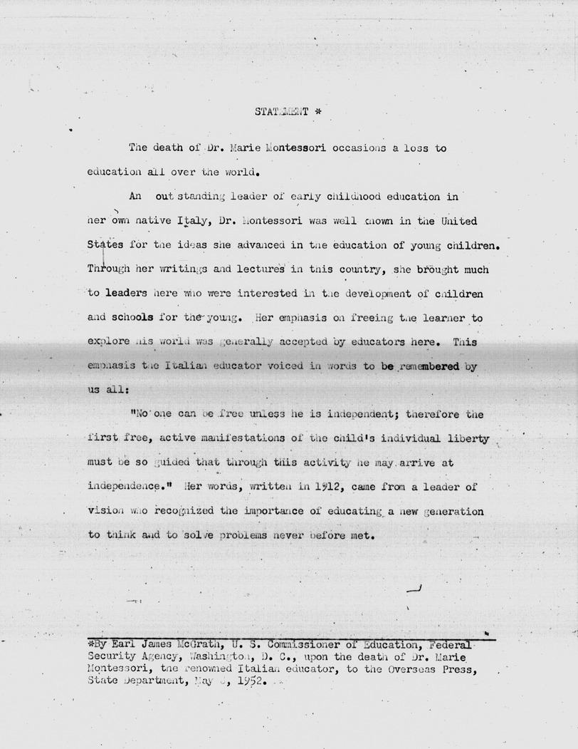 Statement by United States Commissioner of Education Earl James McGrath Upon the Death of Maria Montessori