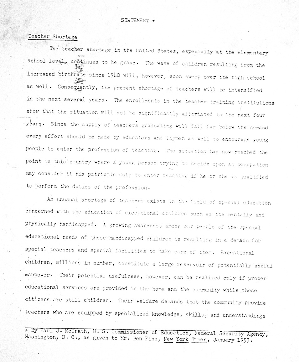 Statement by Commissioner of Education Earl James McGrath to Benjamin Fine of the New York Times