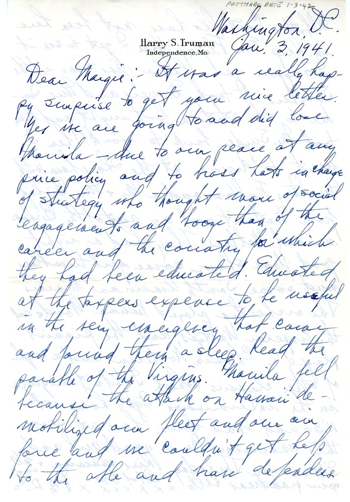 Letter from Harry S. Truman to Margaret Truman